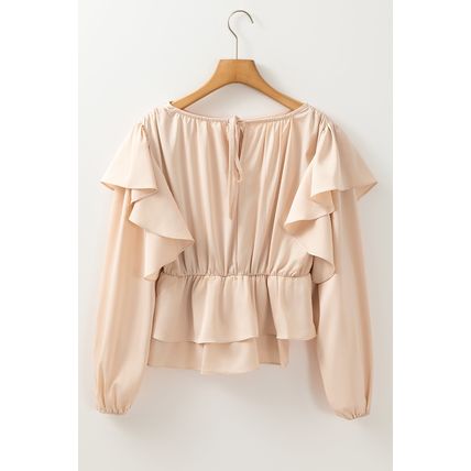 Oatmeal Lace-up Keyhole Back Ruffled Peplum Blouse