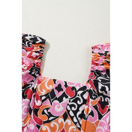 Pink Bohemian Square Neck Puff Sleeve Mini Dress