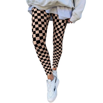 Khaki Checkered Pattern High Waist Skinny Leggings