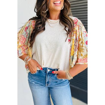 Beige Floral Patchwork Half Batwing Sleeve Blouse
