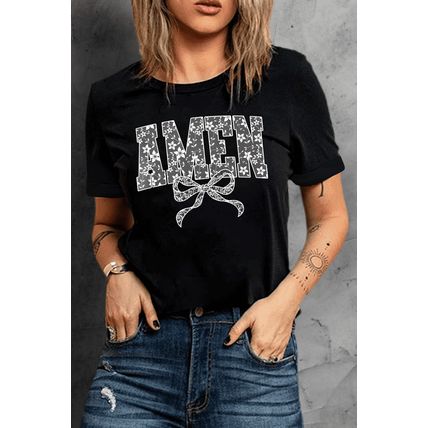 Black Floral AMEN Bow Printed T Shirt