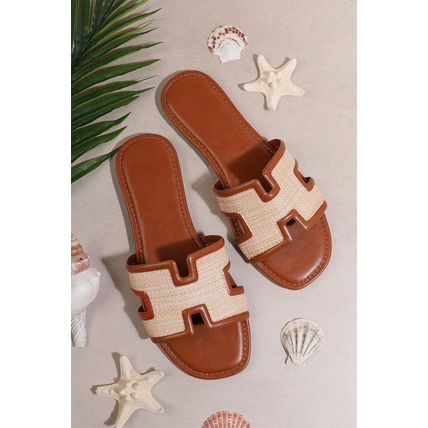 Coffee Faux Raffia Detail Hollowed Open Toe Slippers