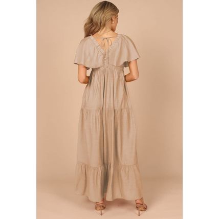 Parchment Textured V Neck Flutter Sleeve Ruffled Maxi Dress