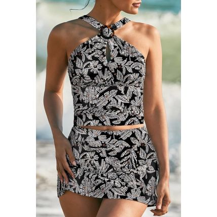 Black Abstract Printed Buckle Crossed Straps Skirted Tankini 2pcs Swimsuit