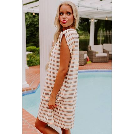 Khaki Stripe Round Neck Sleeveless Casual Pocketed Mini Dress