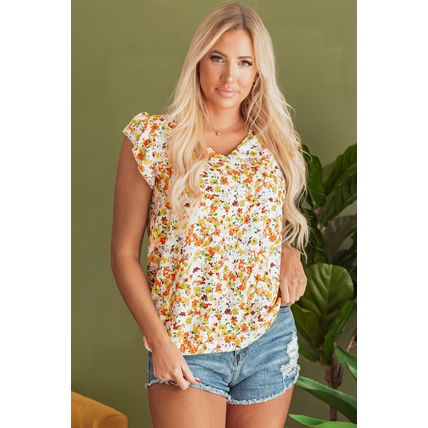 Green Floral Print Ruffled Sleeveless V Neck Tank Top