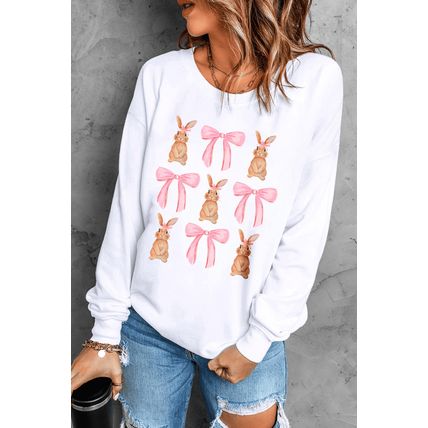 White Easter Bunny Bow Print Round Neck Pullover Sweatshirt