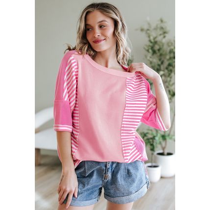 Pink Stripe Color Block Patchwork Loose Half Sleeve T Shirt