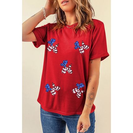 Red Sequin Stars and Stripes Balloon Puppy Graphic Crewneck Tee