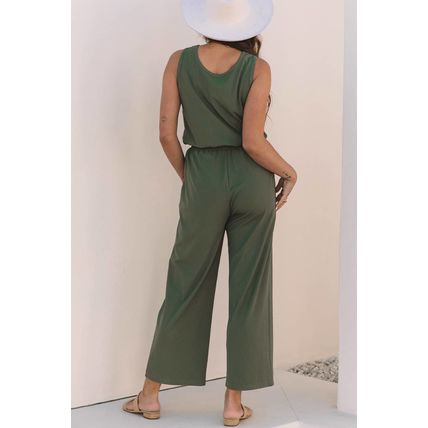 Vineyard Green Buttoned Drawstring Waist Sleeveless Wide Leg Jumpsuit