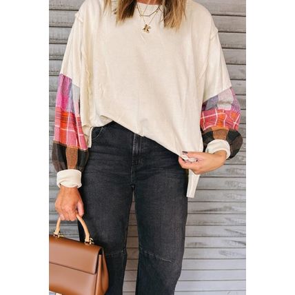 Beige Contrast Plaid Long Sleeve Exposed Seam Patchwork Top