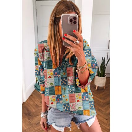 Sky Blue Floral Collared V Neck Roll up Sleeve Shift Blouse