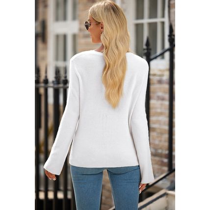 White Lightweight Ribbed Knit Button Front V Neck Cardigan
