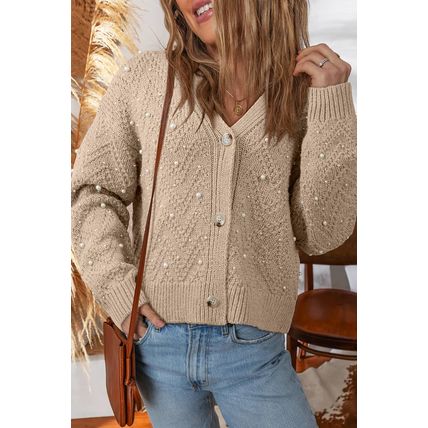 Smoke Gray Pearl Embellished Button Front V Neck Sweater Cardigan