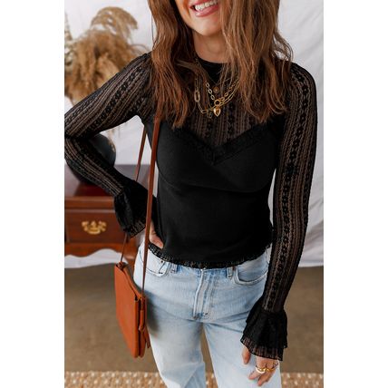 Black Lace Patchwork Flounce Sleeve Slim Fit Top