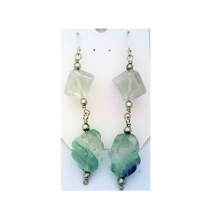 Carved Fluorite Bead Silver Wire Gemstone Dangle Earrings