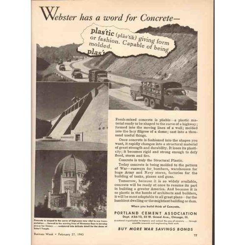 PORTLAND CEMENT ASSOCIATION 1943 word for concrete plastic vintage ad