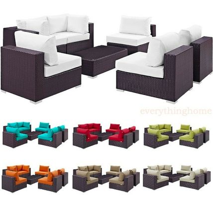 7-Piece Outdoor Rattan Convertible Sectional Sofa Loveseat Chairs Coffee Table