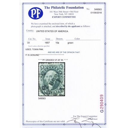 33, Used VF/XF 10¢ GEM - With PFC Graded 85 Certificate * Stuart Katz