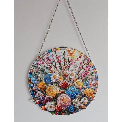 Completed Diamond Art Floral Pattern Suncatcher Mobile Size 9.5 Inches Diameter