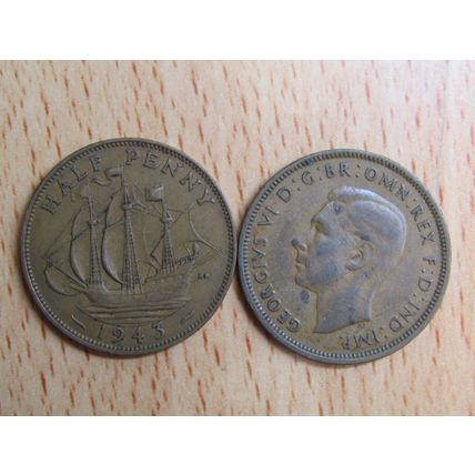 GB 1943 George VI Ship Half Penny Coin