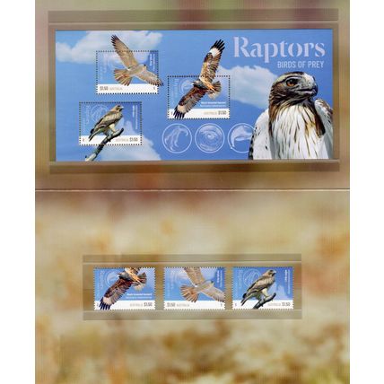 STAMP PACK: 2025 RAPTORS, BIRDS OF PREY, MINI-SHEET + SET OF 3 STAMPS.