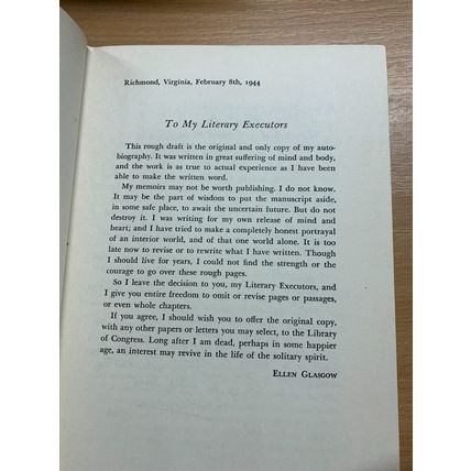 1954 1ST USA EDITION ELLEN GLASGOW "THE WOMAN WITHIN" AUTOBIO HARDBACK BOOK (P4)