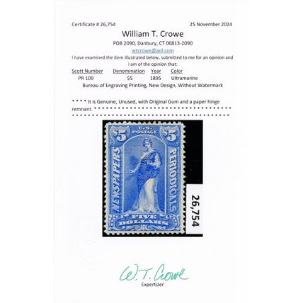 PR109, Mint VF HR Sound $5 Newspaper Stamp Crowe Cert Cat $2250 - Stuart Katz