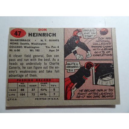 1957 Topps Football Card # 047 Don Heinrich Good (2) New York Giants