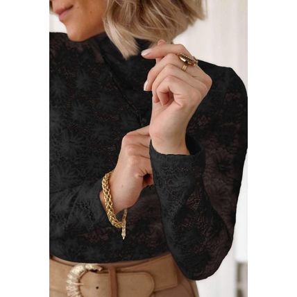 Black Floral Lace High Neck Long Sleeve Top