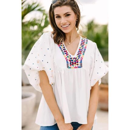 White Embroidered Puff Sleeve V Neck Blouse