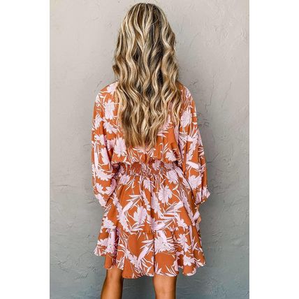 Brown Floral Puff Sleeve Smocked Waist Layered Dress