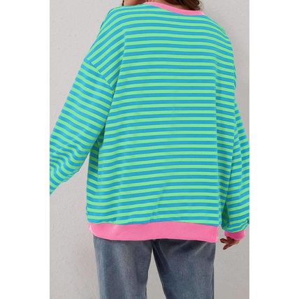 Sky Blue Stripe Oversized Contrast Trim Pullover Sweatshirt