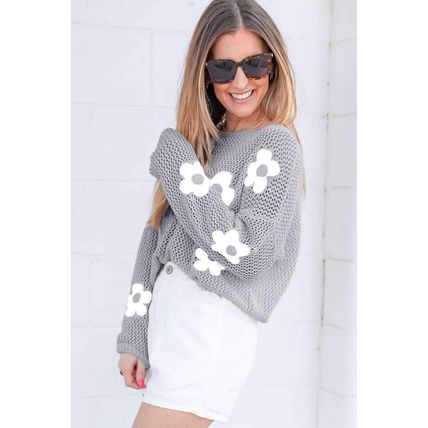 Light Grey Big Flower Hollowed Knit Drop Shoulder Sweater