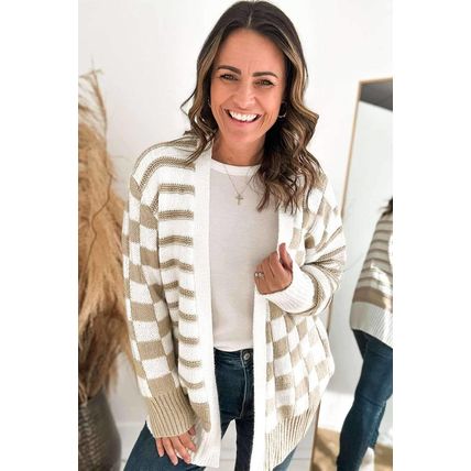 Smoke Gray Gingham Striped Knitted Open Front Cardigan