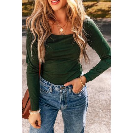 Blackish Green Solid Color Square Neck Long Sleeve Slim Fit Bodysuit