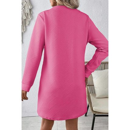 Rose Red Solid Color Textured Long Sleeve Shift Dress