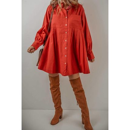 Tomato Red Bishop Sleeve Button Up Pleated Mini Shirt Dress