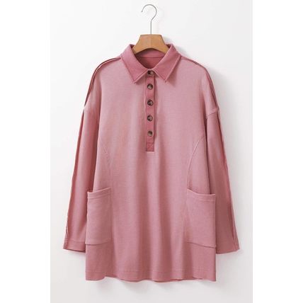 Pink Waffle Long Sleeve Collar Half Button Loose Top