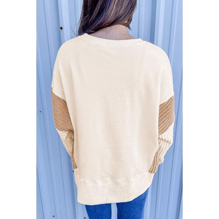 Apricot Corduroy Patchwork Drop Shoulder Long Sleeve Sweatshirt