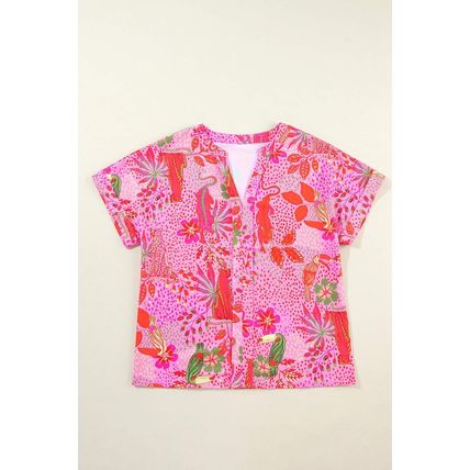 Rose Jungle Floral Print Notch V Neck Blouse