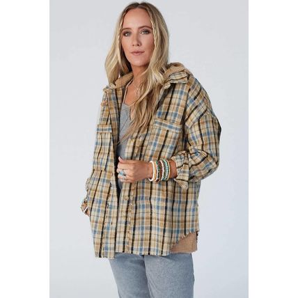 Ashleigh Blue Waffle Knit Patchwork Hooded Plaid Shacket
