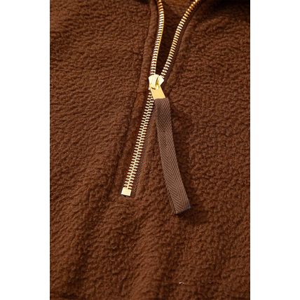 Brown Half Zip Fleece Pullover Sweatshirt