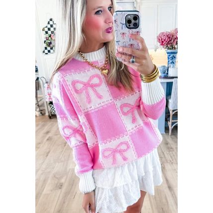 Pink Bow Knot Two Tone Checkered Crew Neck Sweater