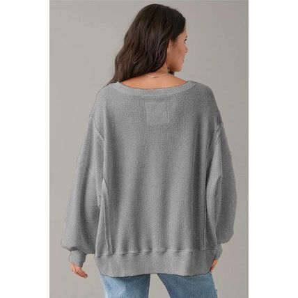 Gray Waffle knit Bishop Sleeve Split Oversized Top