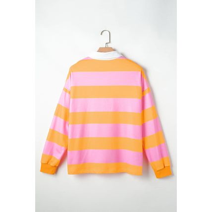 Yellow Stripe Color Block Polo Collar Sweatshirt
