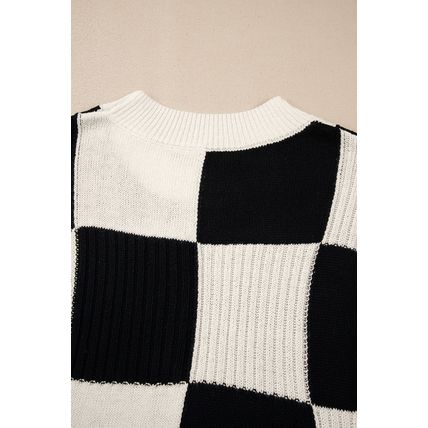 Black Checkered Color Block Crew Neck Short Sleeve Sweater