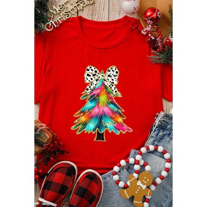 Red Bow Decor Christmas Tree Graphic Holiday T Shirt