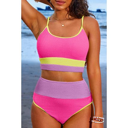 Rose Red Color Block High Waisted Sexy Bikini Set