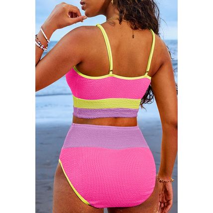 Rose Red Color Block High Waisted Sexy Bikini Set